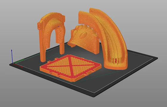 Slicing preview with visible support structures for FDM printing